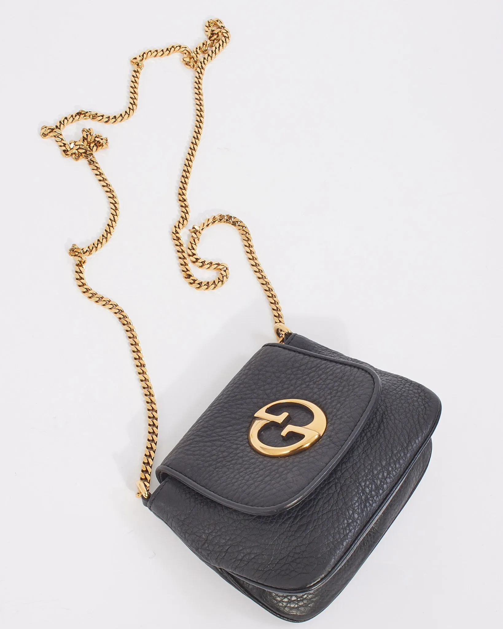 Gucci Black Pebbled Leather 1973 Small Crossbody Bag with Chain Strap