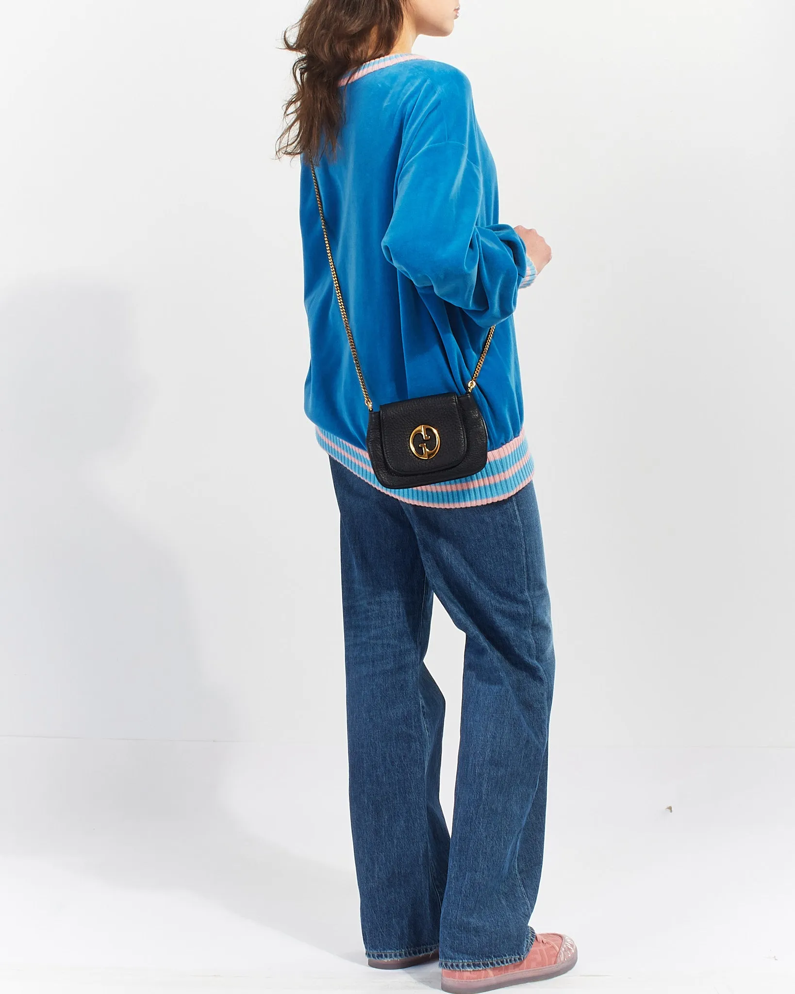 Gucci Black Pebbled Leather 1973 Small Crossbody Bag with Chain Strap
