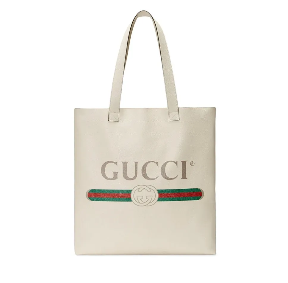 Gucci Logo Print Leather Tote Bag in White