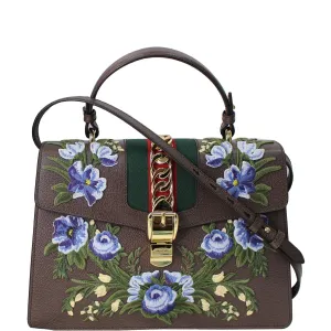 GUCCI Sylvie Embroidered Leather Medium Top Handle Bag Brown 431665