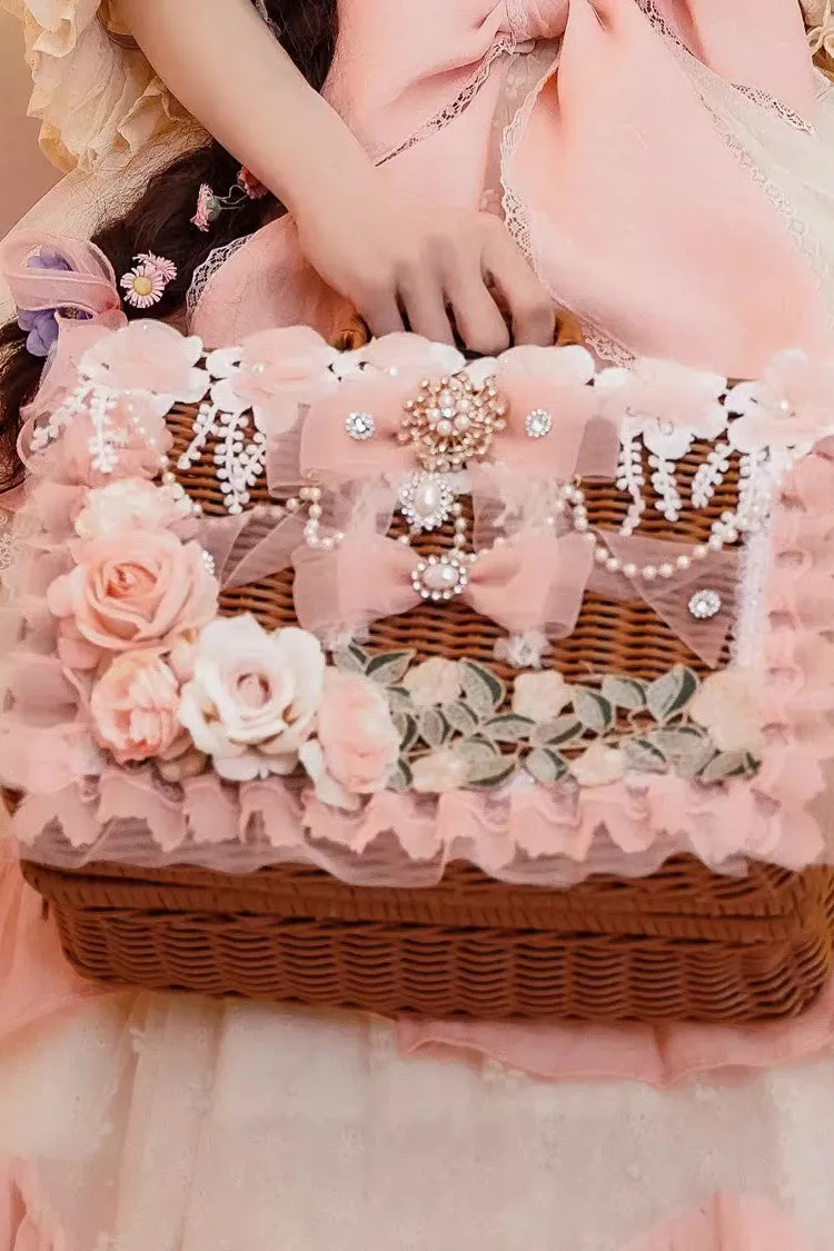 Hand Woven Rattan Flowers Bowknot Sweet Elegant Princess Lolita Tote Bag 2 Colors