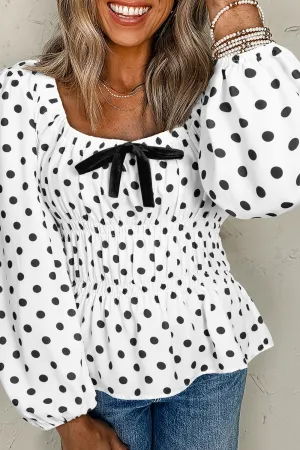 Hazel Blues® |  Bow Polka Dot Square Neck Long Sleeve Blouse