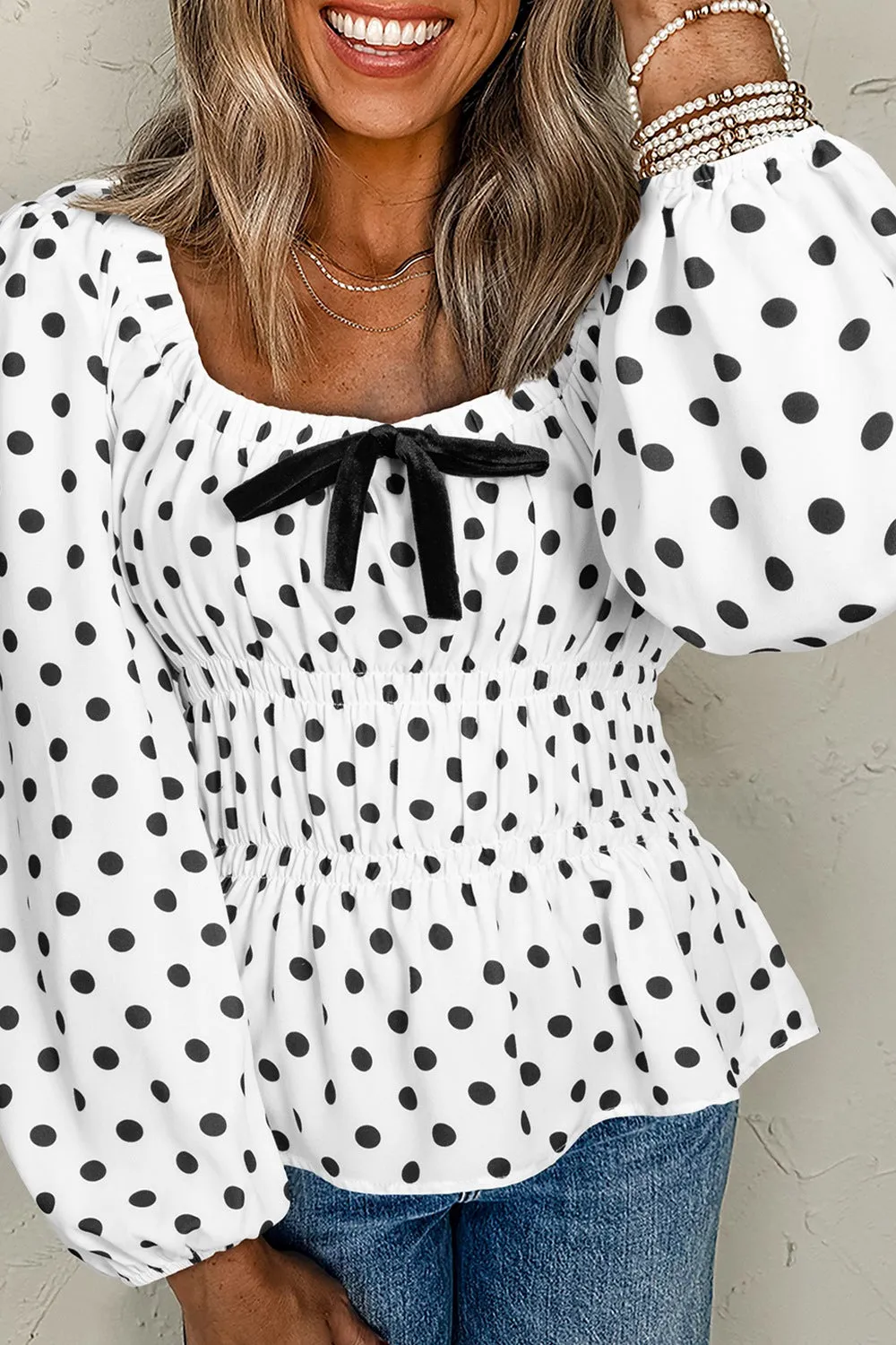 Hazel Blues® |  Bow Polka Dot Square Neck Long Sleeve Blouse