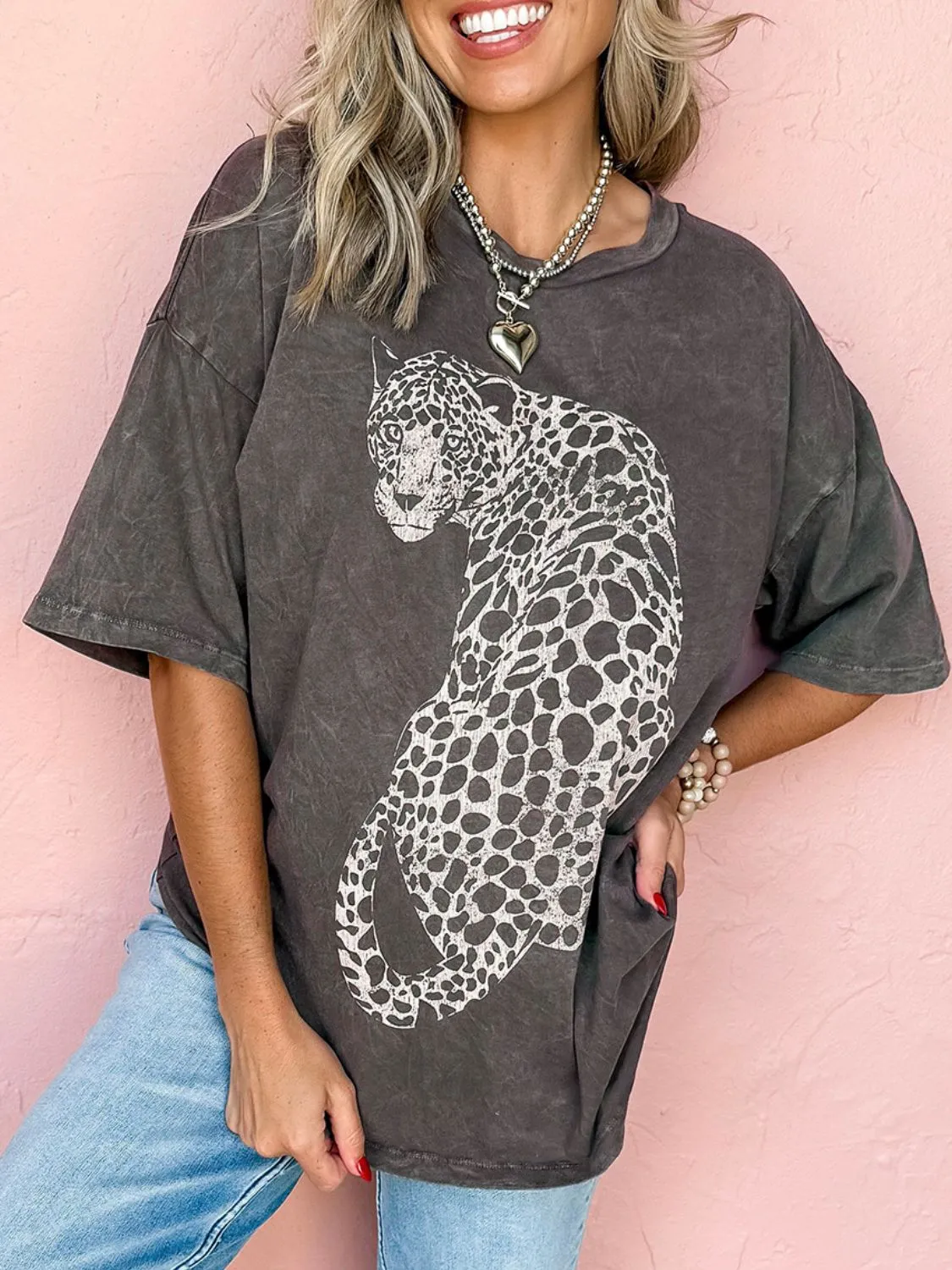 Hazel Blues® |  Cheetah Mineral Wash Round Neck Half Sleeve T-Shirt