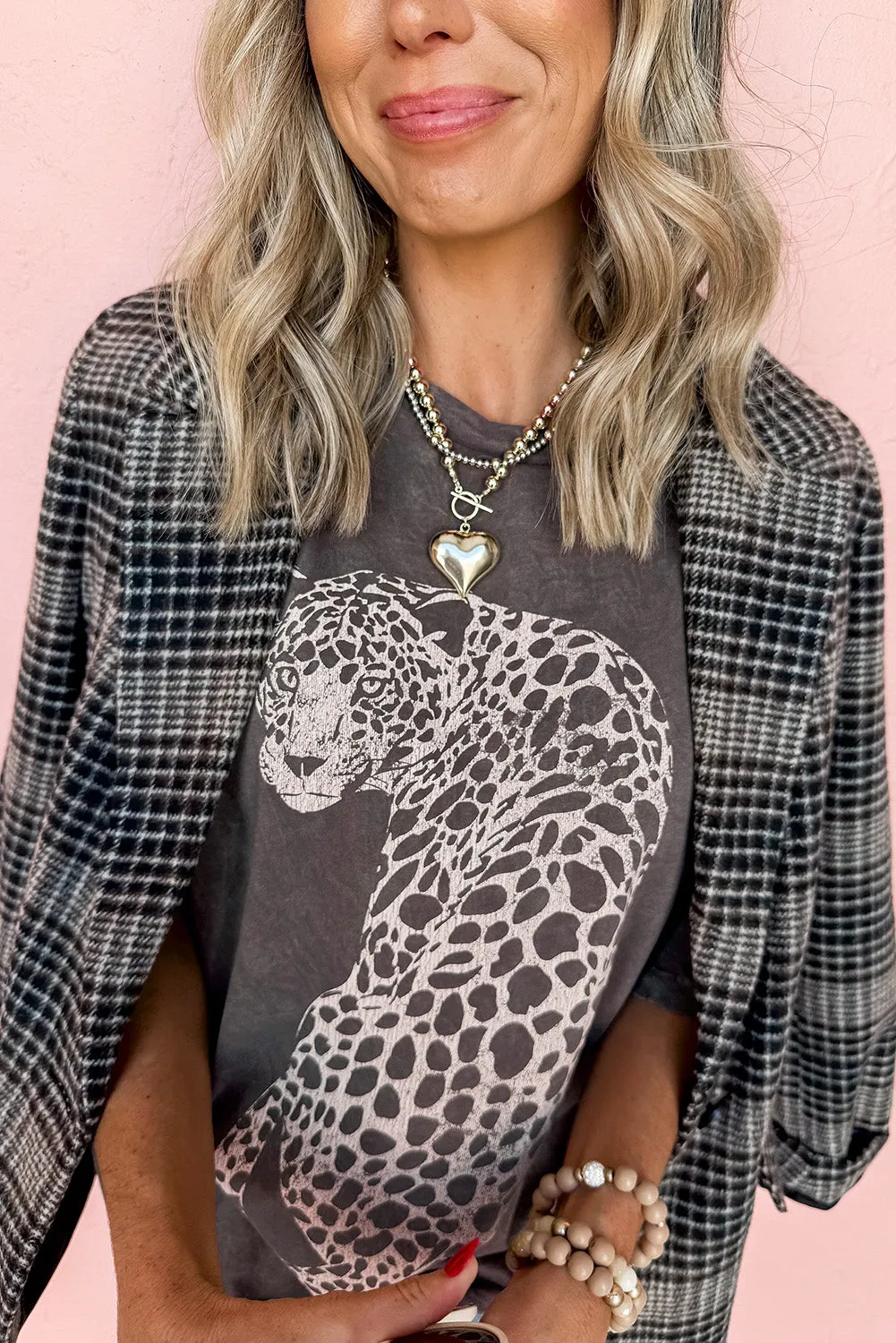 Hazel Blues® |  Cheetah Mineral Wash Round Neck Half Sleeve T-Shirt