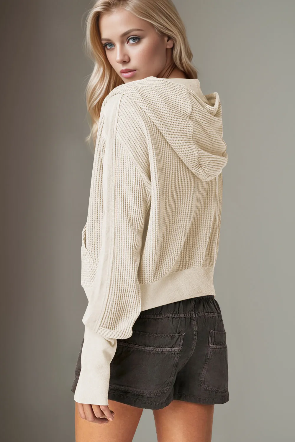 Hazel Blues® |  Double Take Waffle-Knit Zip Up Long Sleeve Hooded Jacket