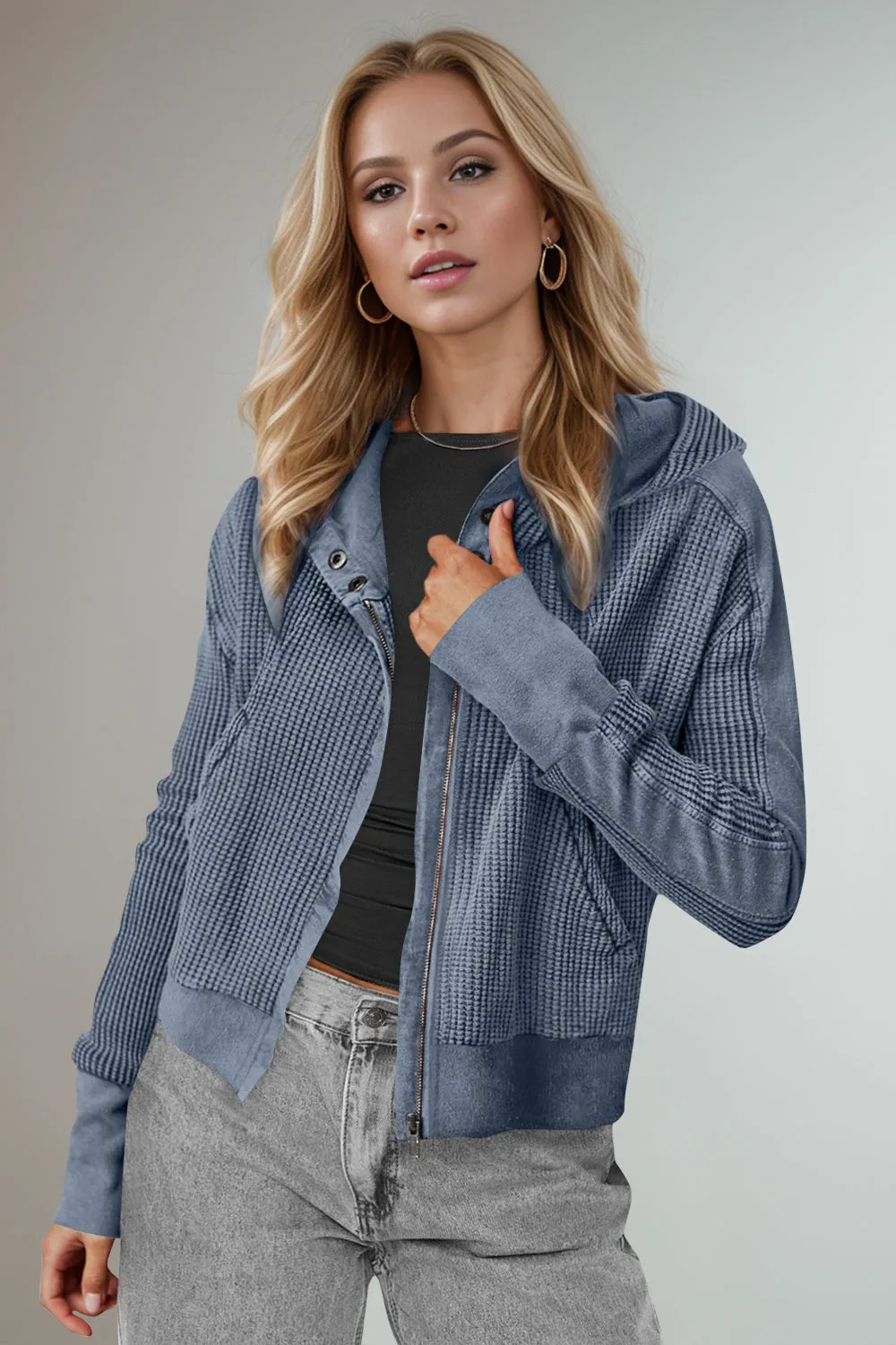 Hazel Blues® |  Double Take Waffle-Knit Zip Up Long Sleeve Hooded Jacket