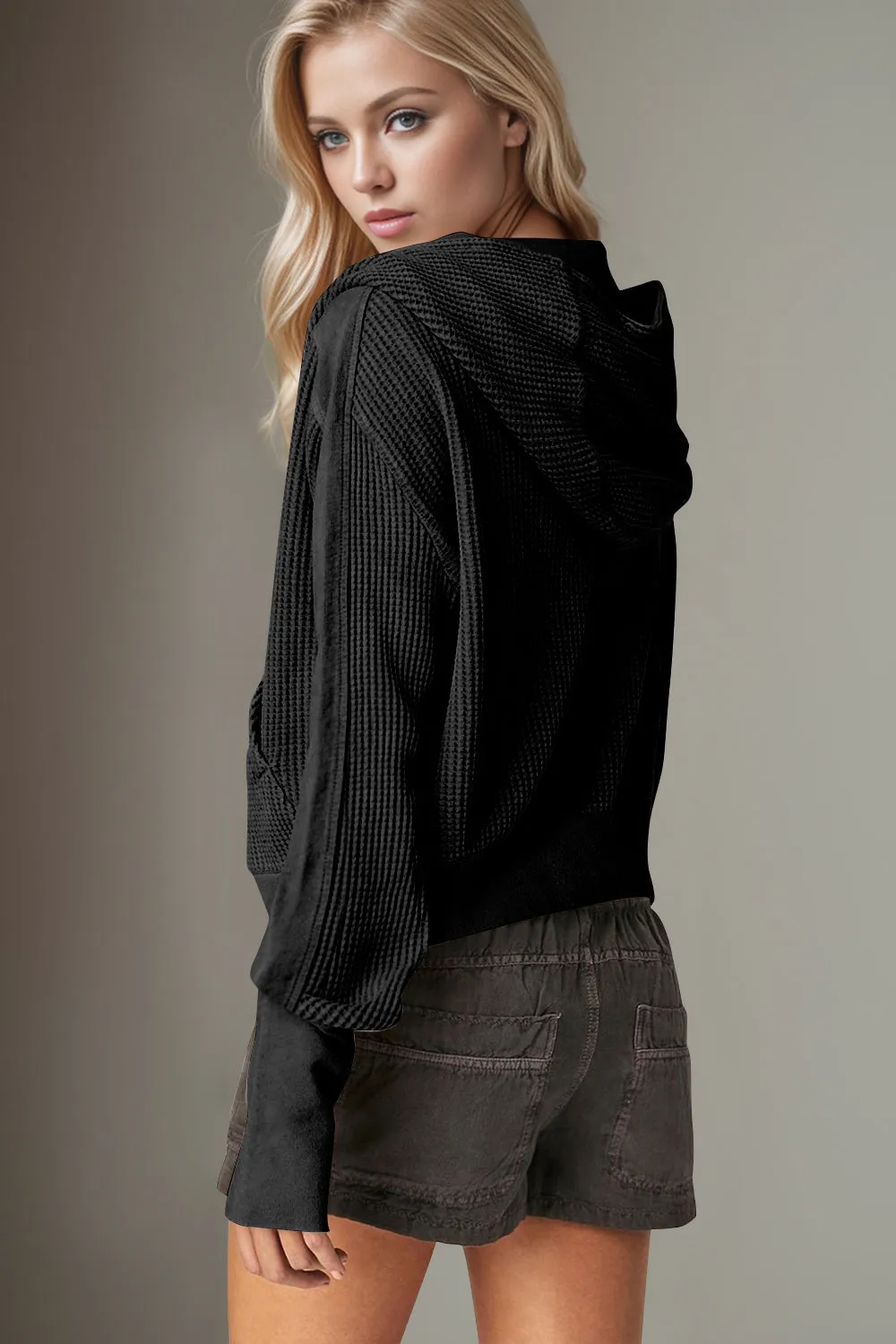 Hazel Blues® |  Double Take Waffle-Knit Zip Up Long Sleeve Hooded Jacket