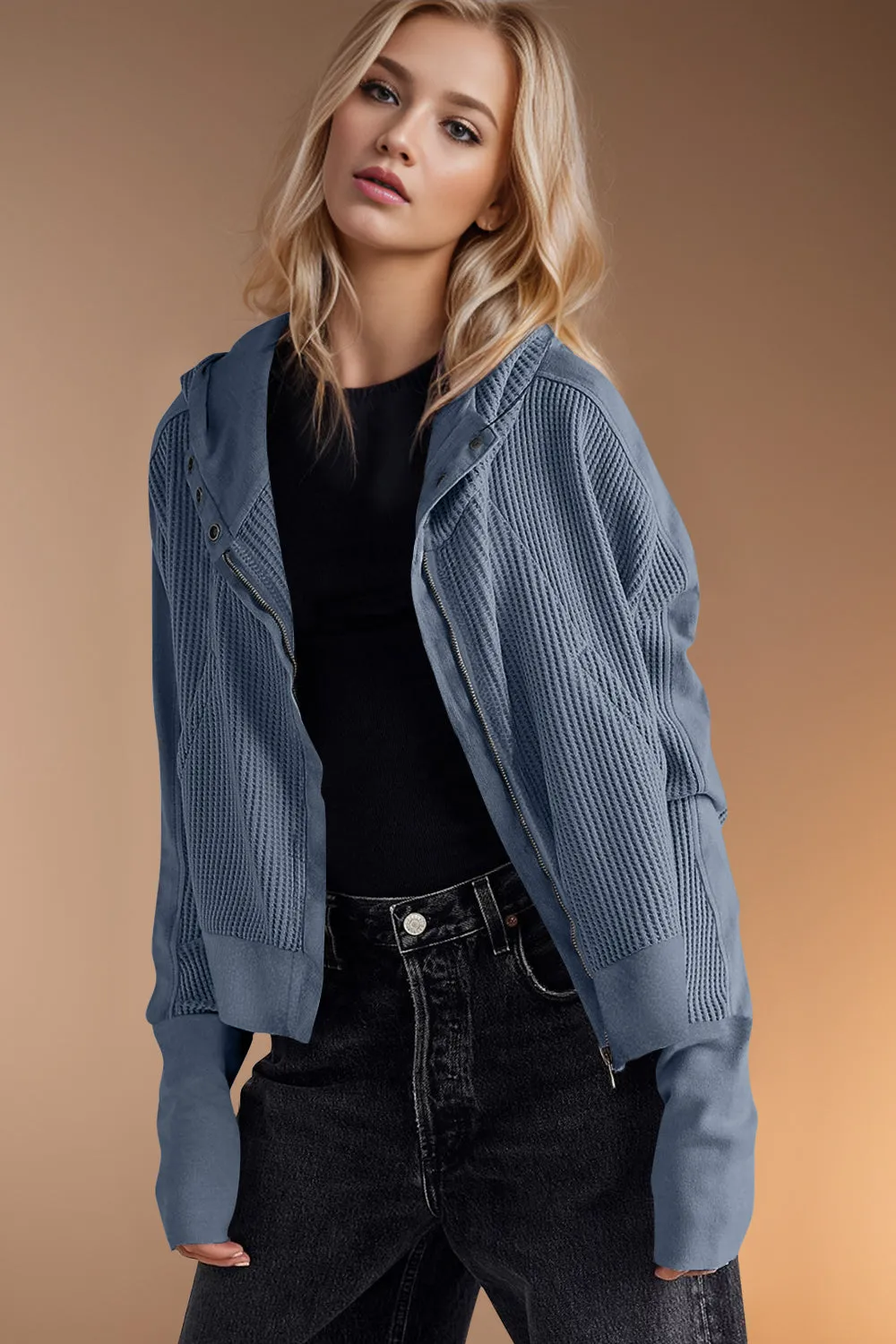 Hazel Blues® |  Double Take Waffle-Knit Zip Up Long Sleeve Hooded Jacket