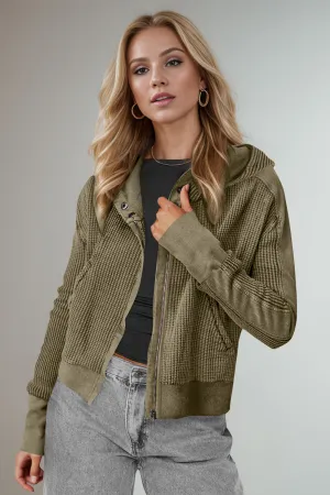 Hazel Blues® |  Double Take Waffle-Knit Zip Up Long Sleeve Hooded Jacket