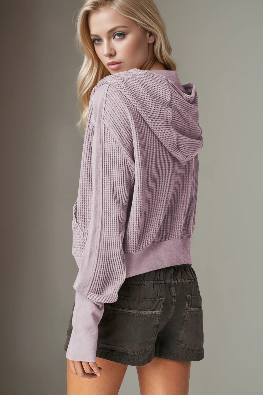 Hazel Blues® |  Double Take Waffle-Knit Zip Up Long Sleeve Hooded Jacket
