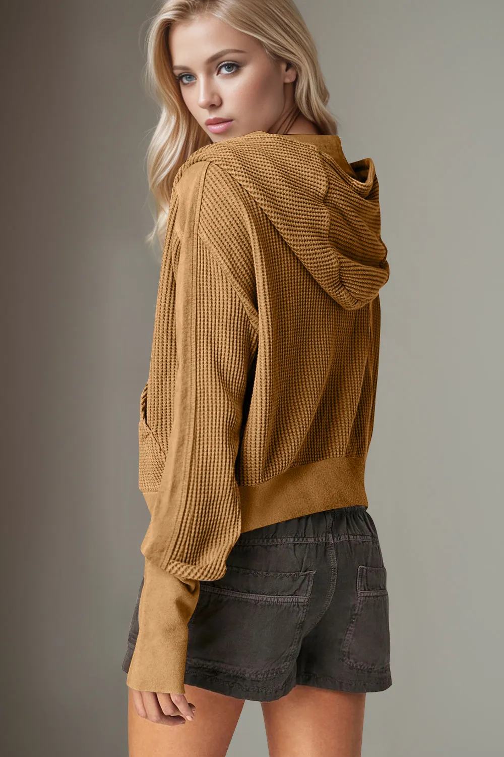 Hazel Blues® |  Double Take Waffle-Knit Zip Up Long Sleeve Hooded Jacket