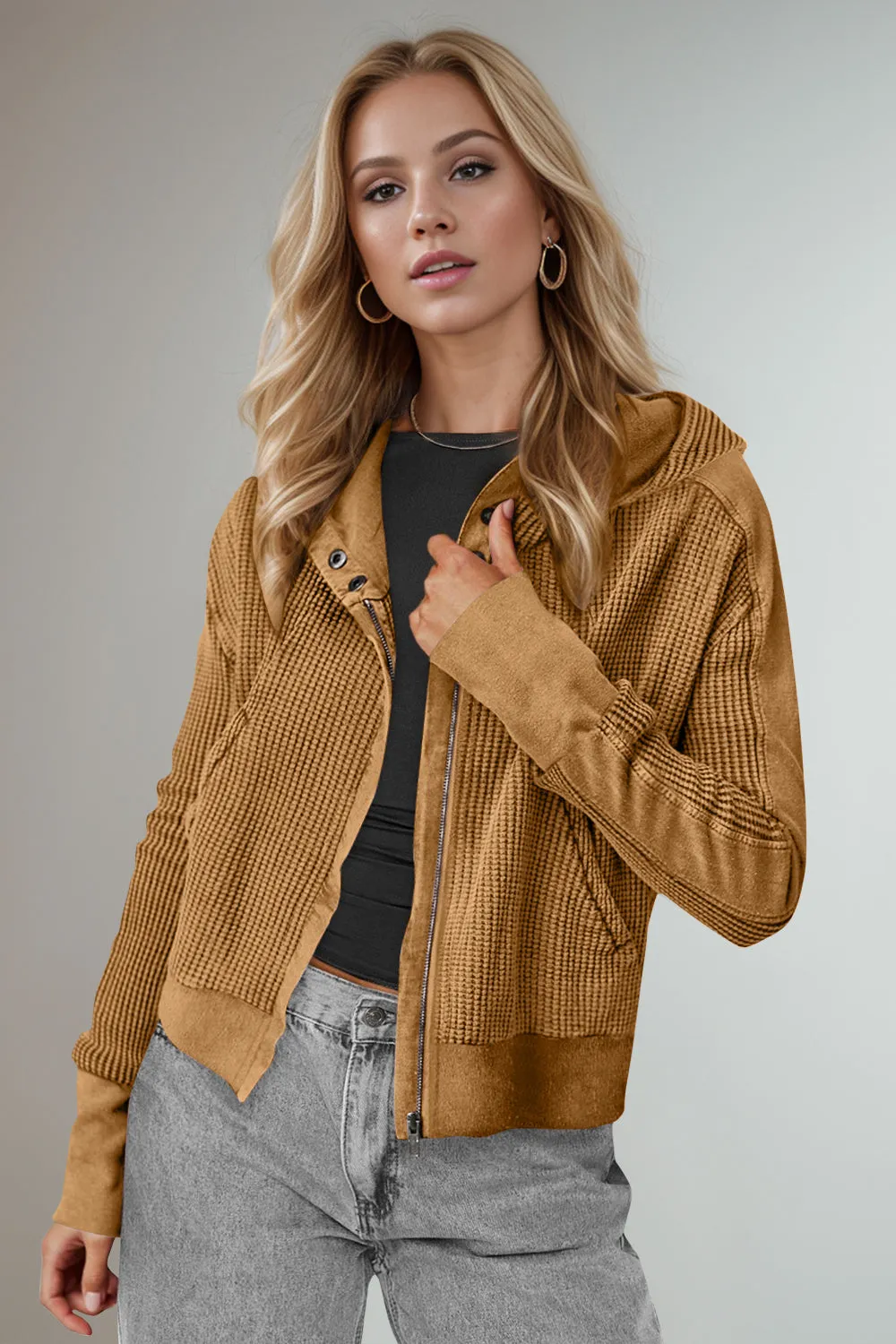 Hazel Blues® |  Double Take Waffle-Knit Zip Up Long Sleeve Hooded Jacket