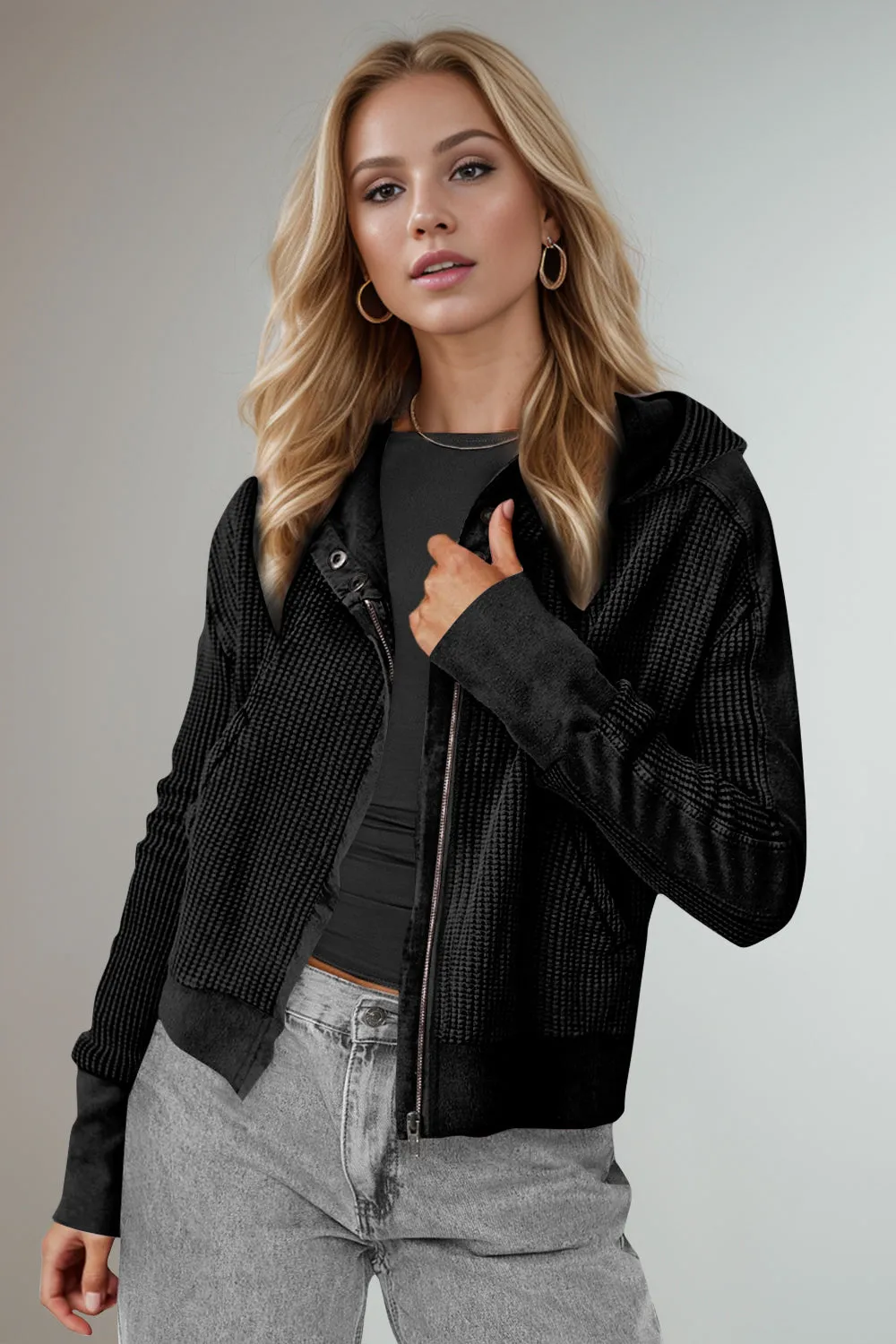 Hazel Blues® |  Double Take Waffle-Knit Zip Up Long Sleeve Hooded Jacket