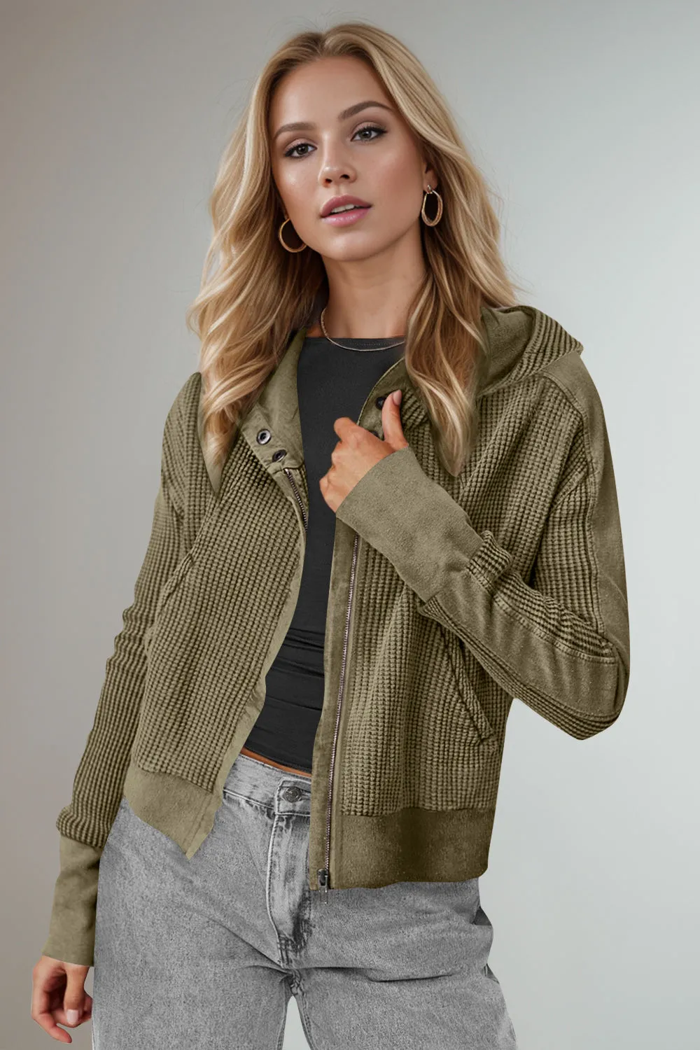 Hazel Blues® |  Double Take Waffle-Knit Zip Up Long Sleeve Hooded Jacket