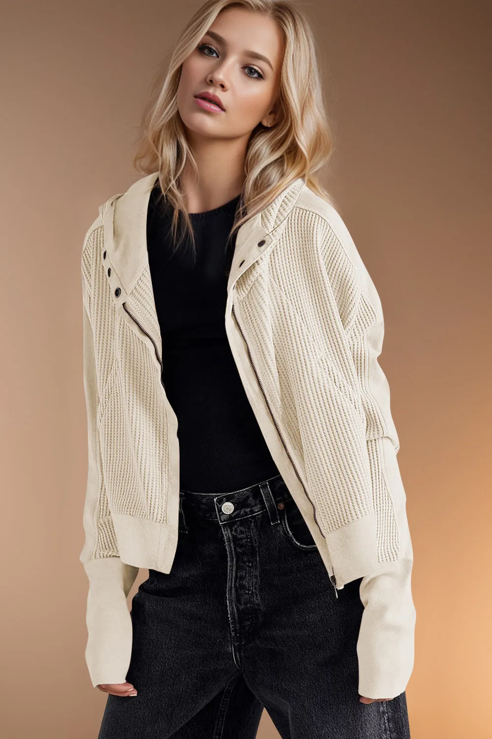 Hazel Blues® |  Double Take Waffle-Knit Zip Up Long Sleeve Hooded Jacket
