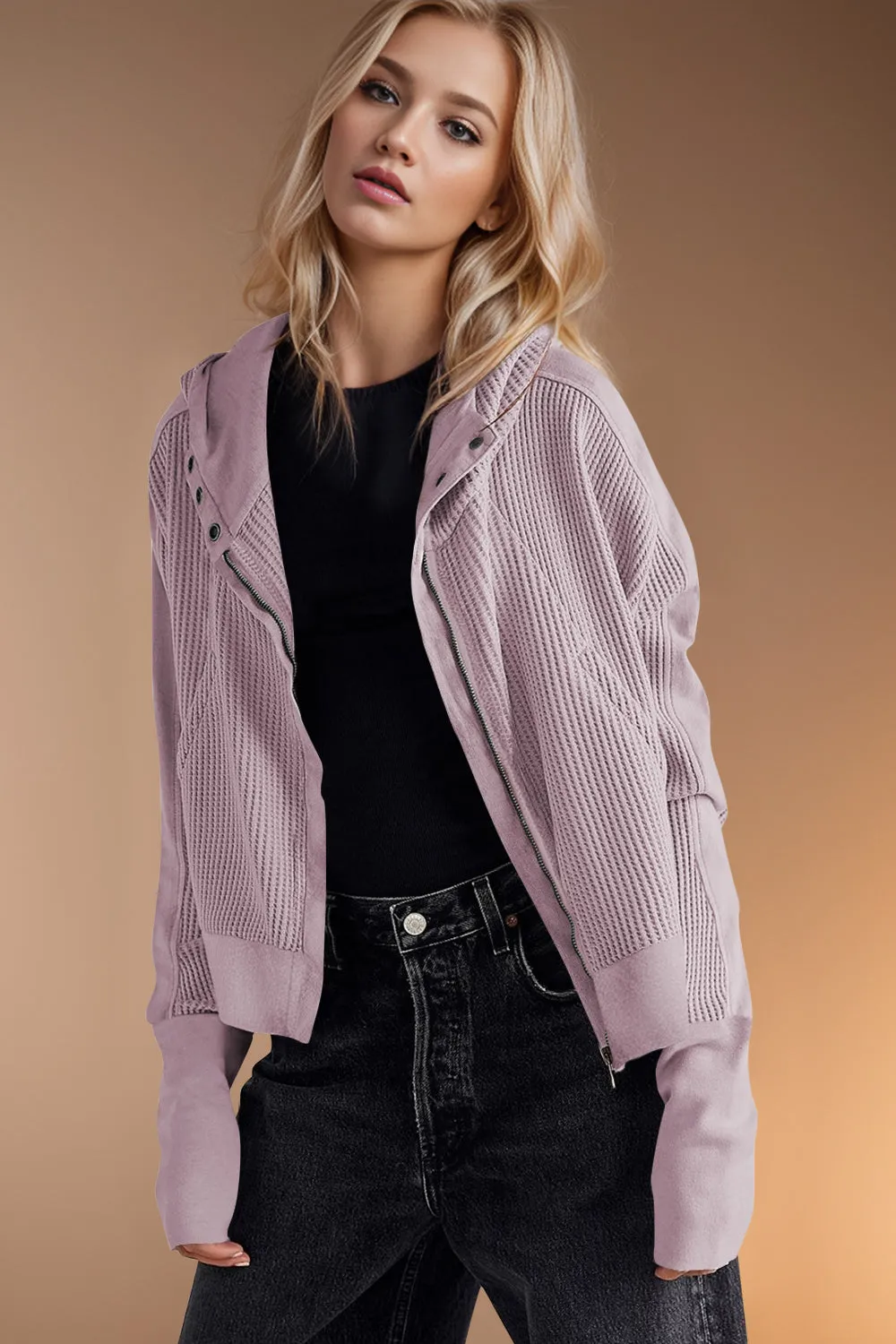 Hazel Blues® |  Double Take Waffle-Knit Zip Up Long Sleeve Hooded Jacket