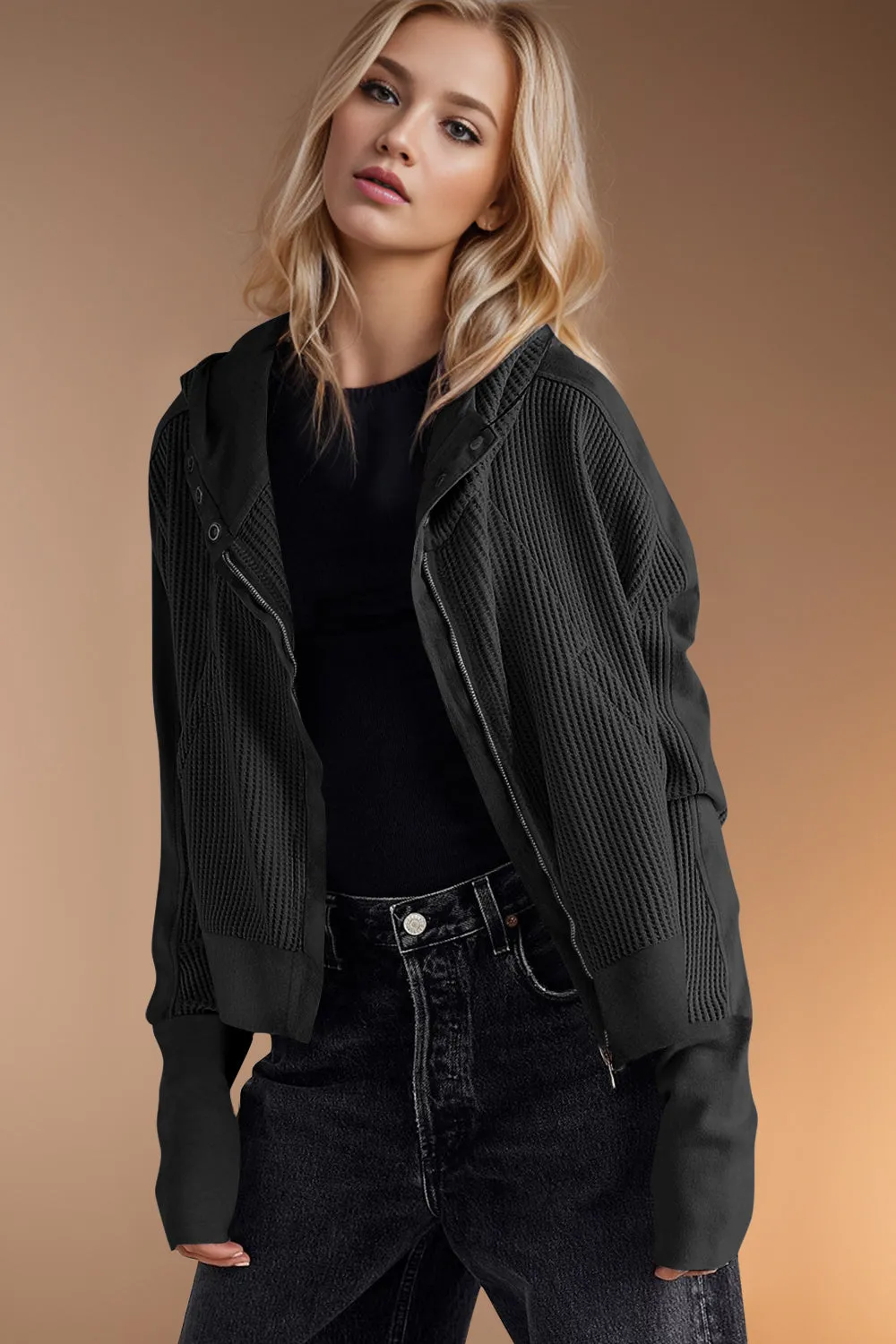 Hazel Blues® |  Double Take Waffle-Knit Zip Up Long Sleeve Hooded Jacket
