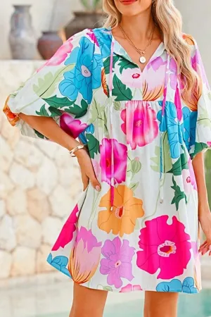 Hazel Blues® |  Floral Print Tie Neck Babydoll Dress