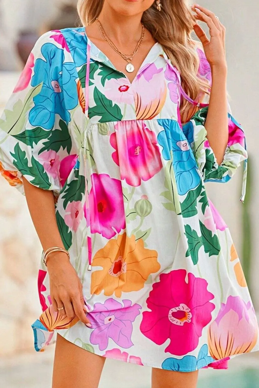 Hazel Blues® |  Floral Print Tie Neck Babydoll Dress