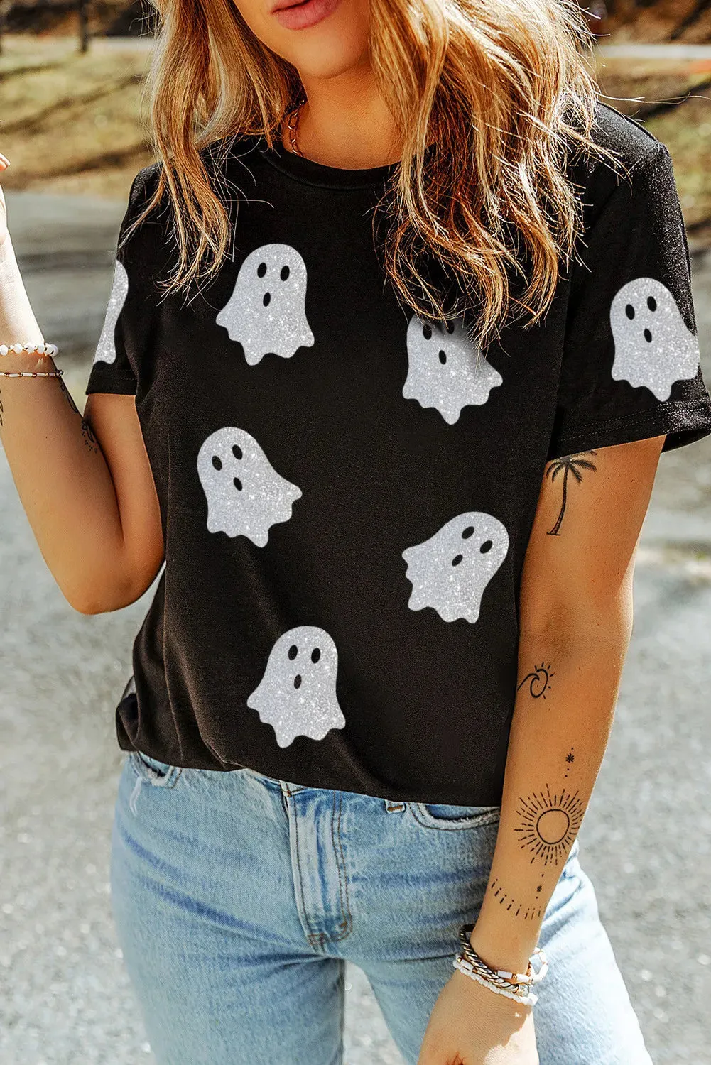 Hazel Blues® |  Glitter Ghost Round Neck Short Sleeve T-Shirt