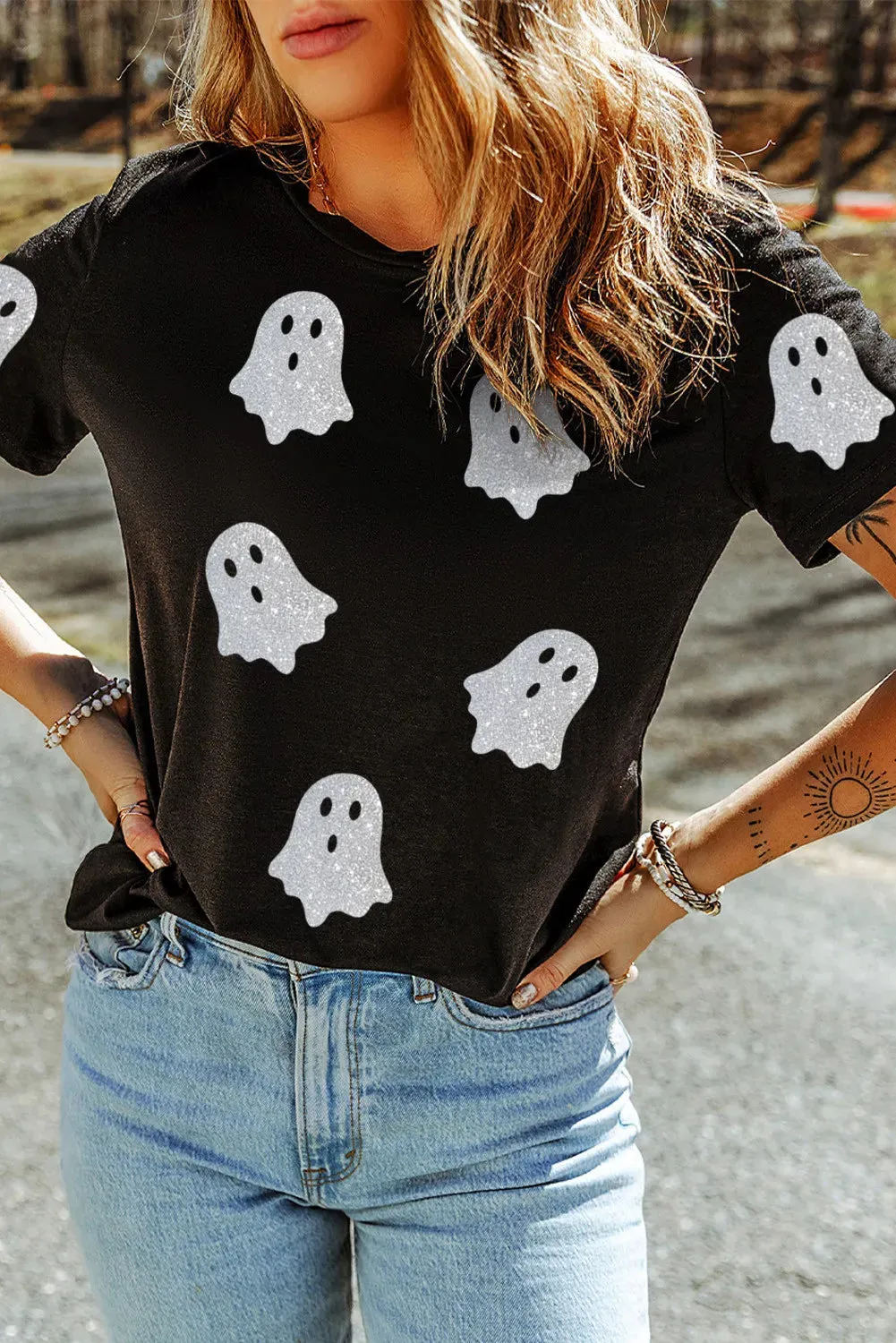 Hazel Blues® |  Glitter Ghost Round Neck Short Sleeve T-Shirt