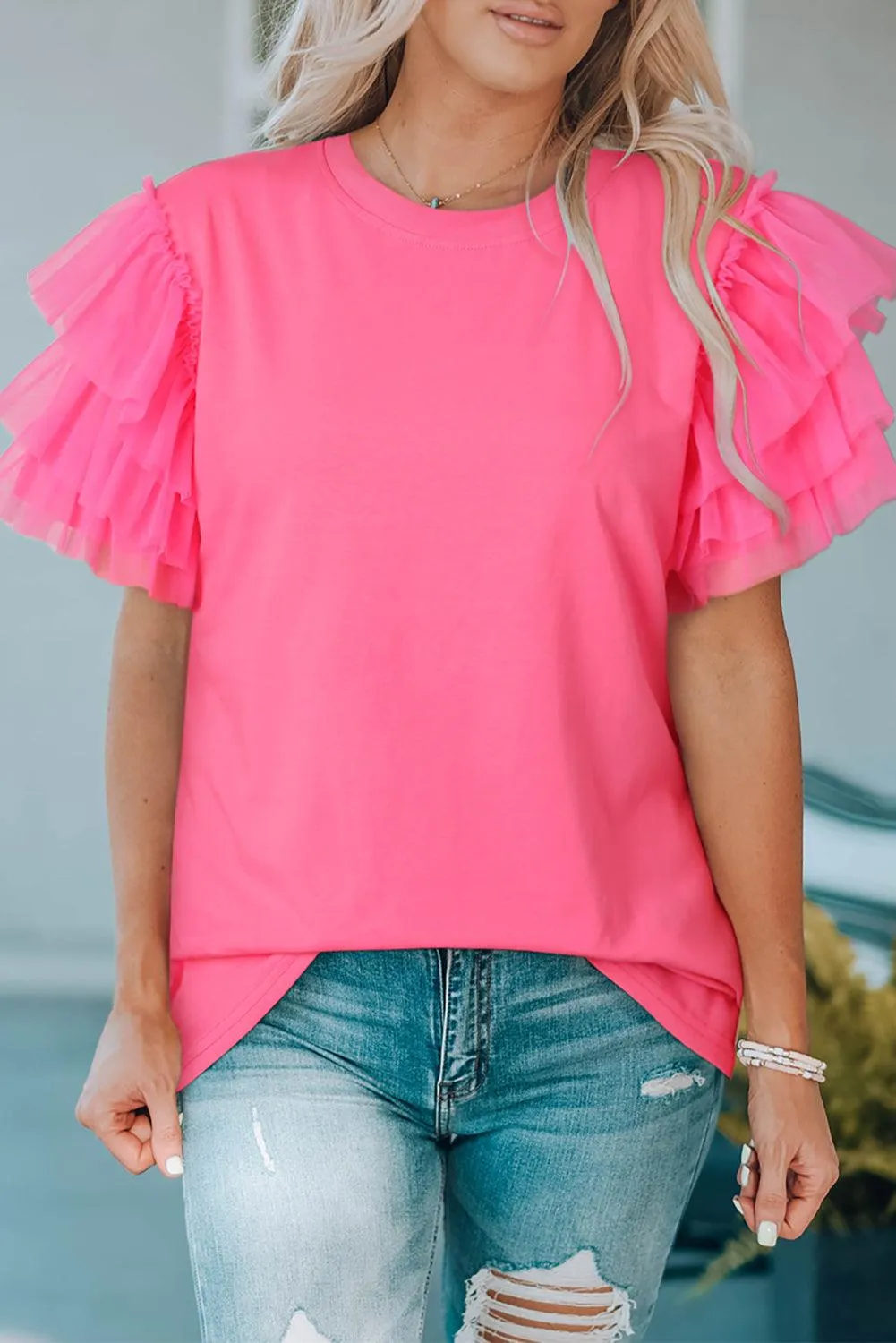 Hazel Blues® |  Layered Mesh Sleeve Round Neck Tee
