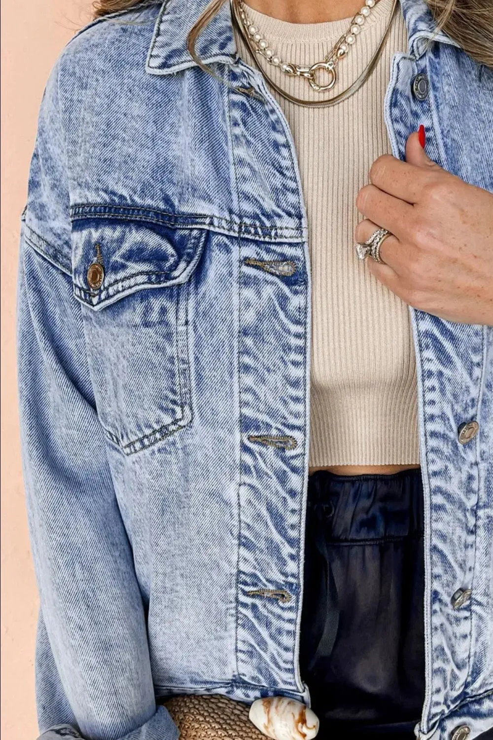Hazel Blues® |  Pocketed Button Up Dropped Shoulder Denim Jacket