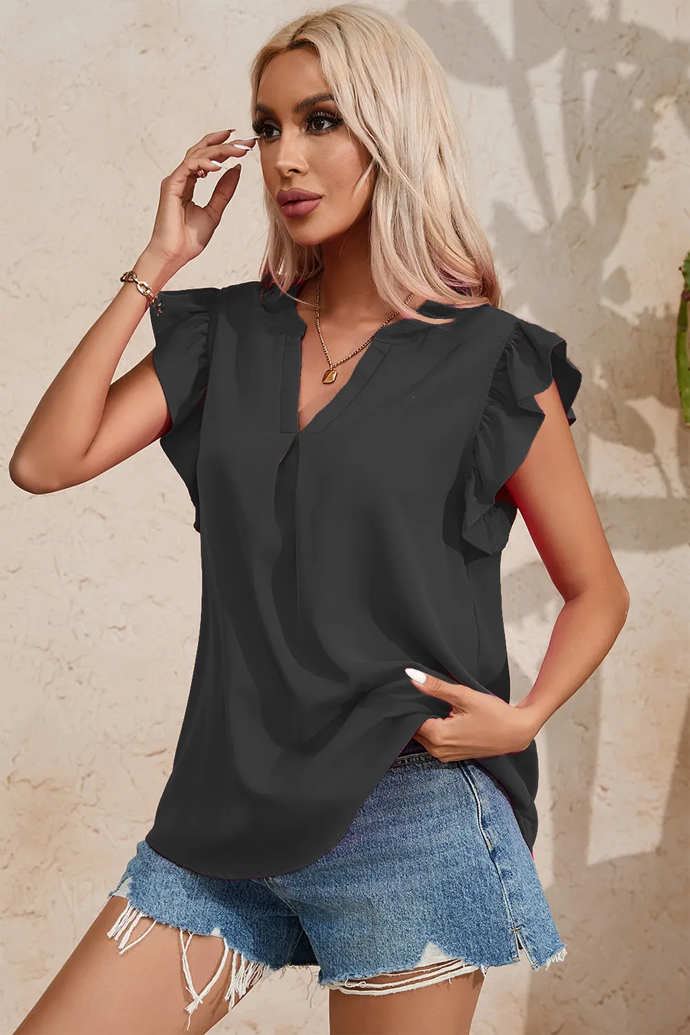 Hazel Blues® |  Ruffled Notched Cap Sleeve Blouse