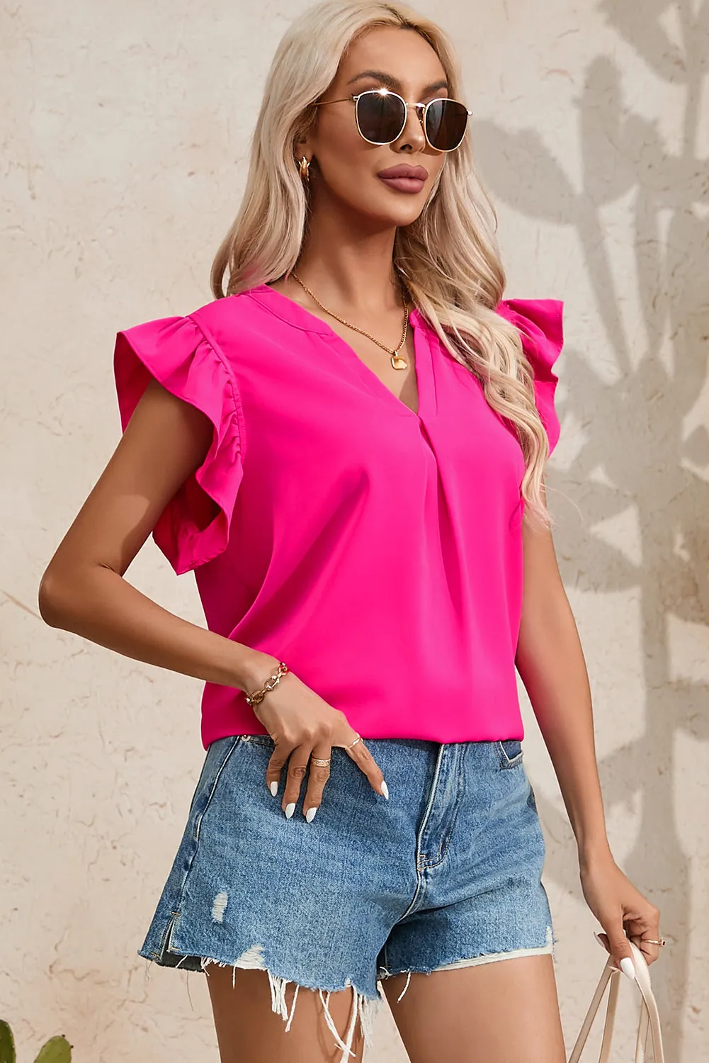 Hazel Blues® |  Ruffled Notched Cap Sleeve Blouse