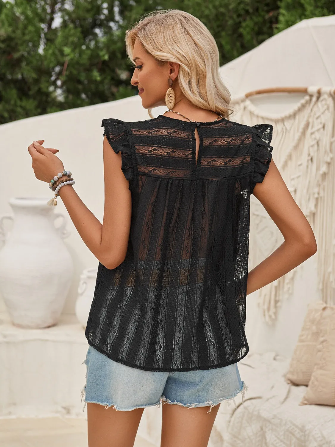 Hazel Blues® |  Ruffled Round Neck Cap Sleeve Blouse