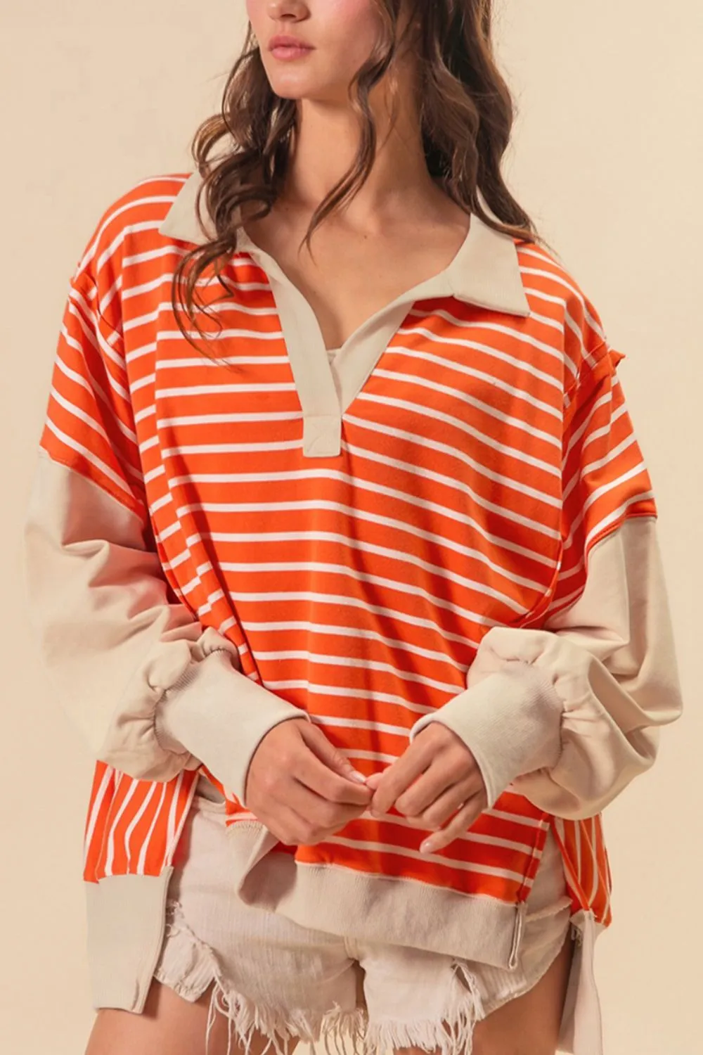 Hazel Blues® |  Striped Johnny Collar Long Sleeve Sweatshirt