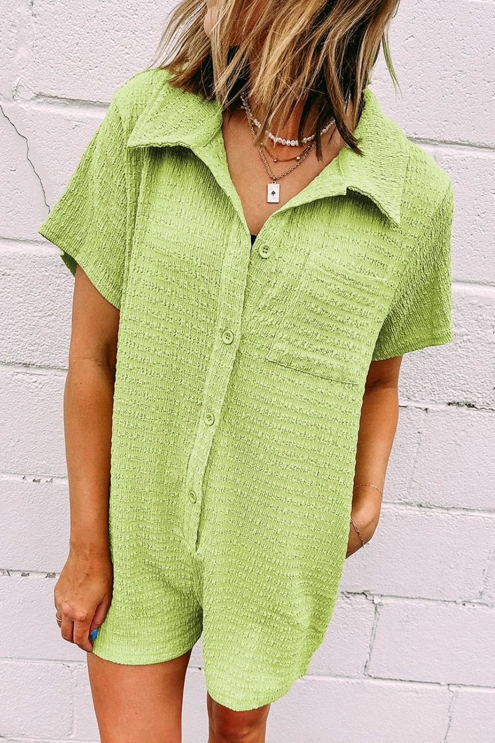 Hazel Blues® |  Textured Short Sleeve Patched Pocket Buttoned Romper