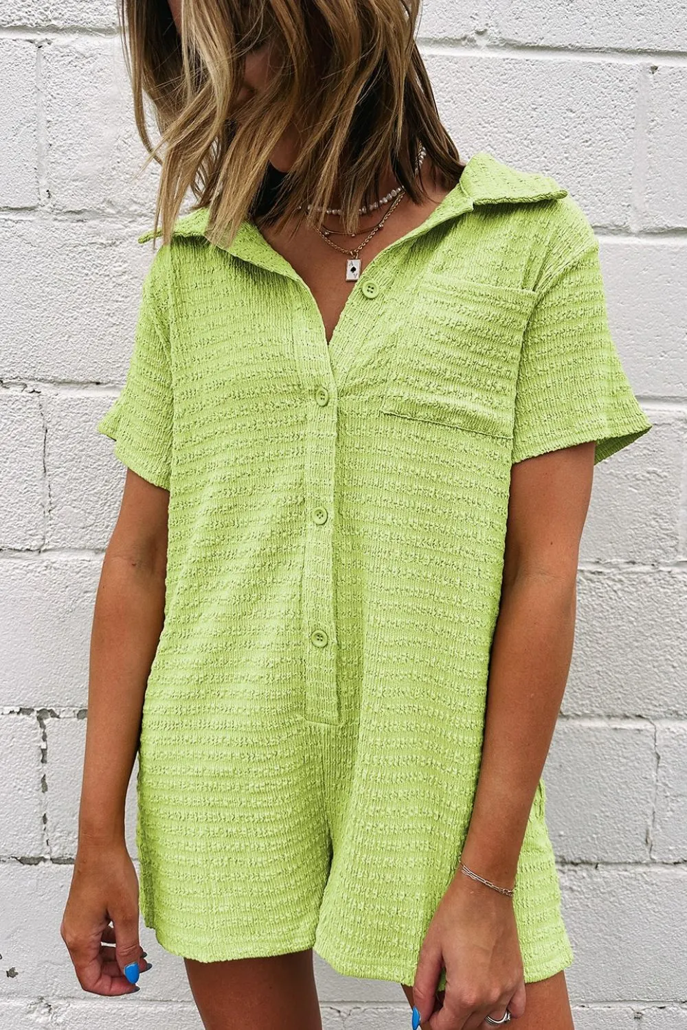 Hazel Blues® |  Textured Short Sleeve Patched Pocket Buttoned Romper