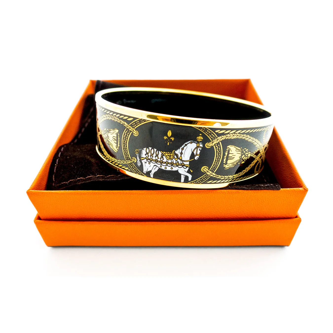 Hermes 65 Black Gold Printed Horse Enamel Bangle Bracelet