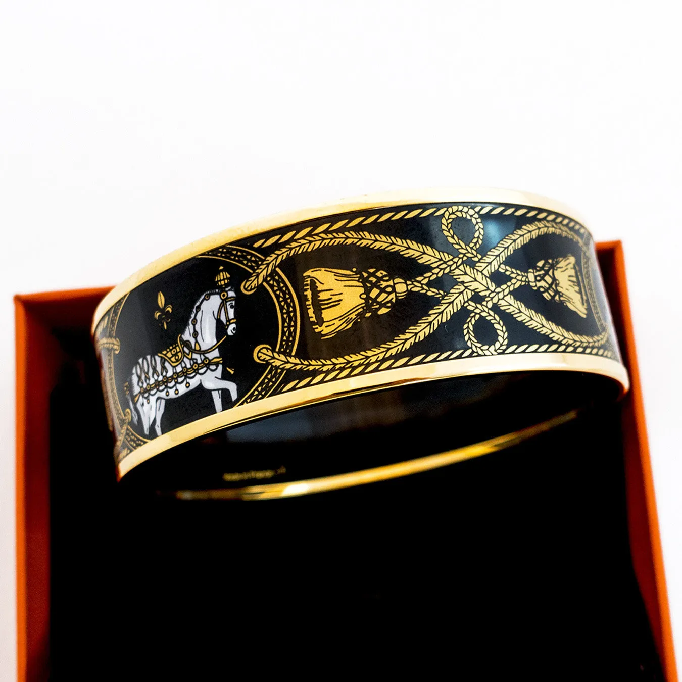 Hermes 65 Black Gold Printed Horse Enamel Bangle Bracelet