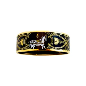 Hermes 65 Black Gold Printed Horse Enamel Bangle Bracelet