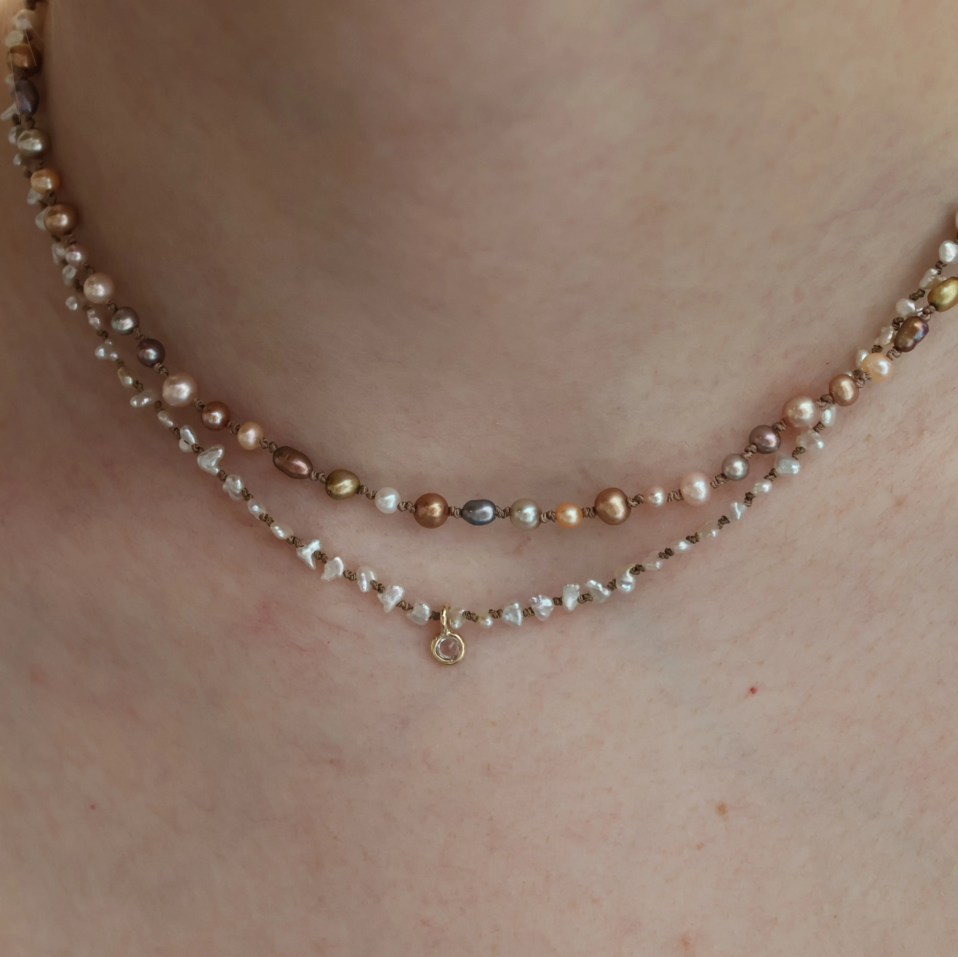 Keishi Pearl Necklace with White Sapphire Pendant