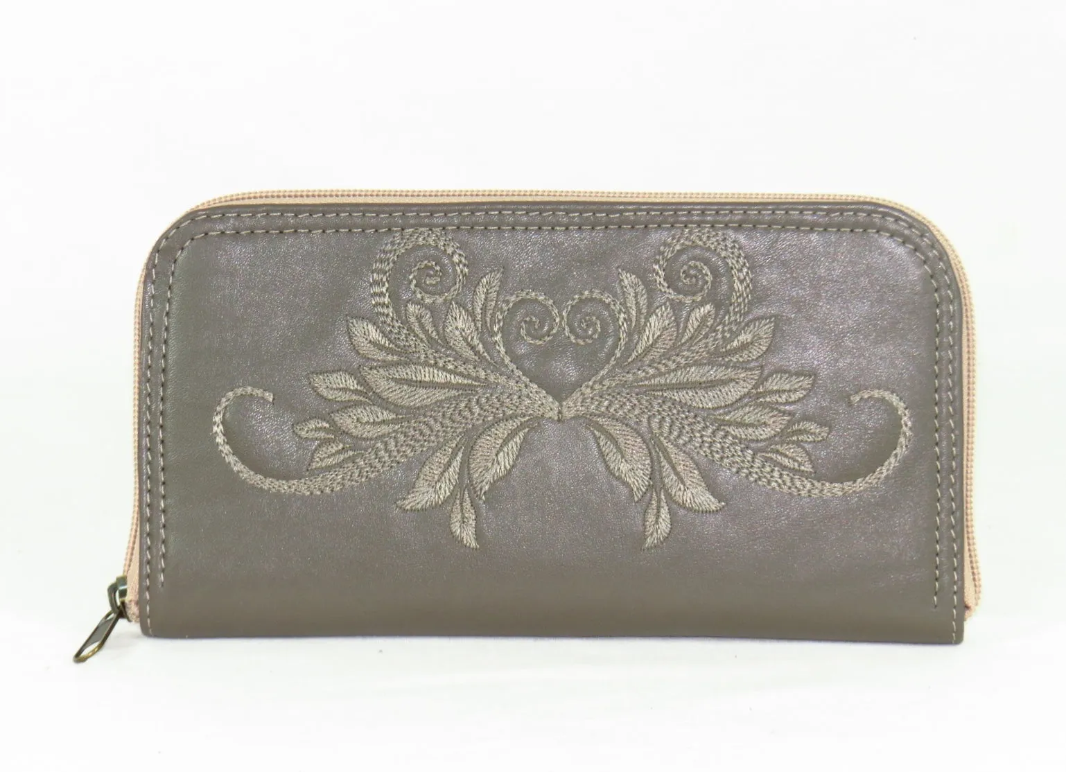 Khaki Gray Tone on Tone Embroidered Leather Wallet