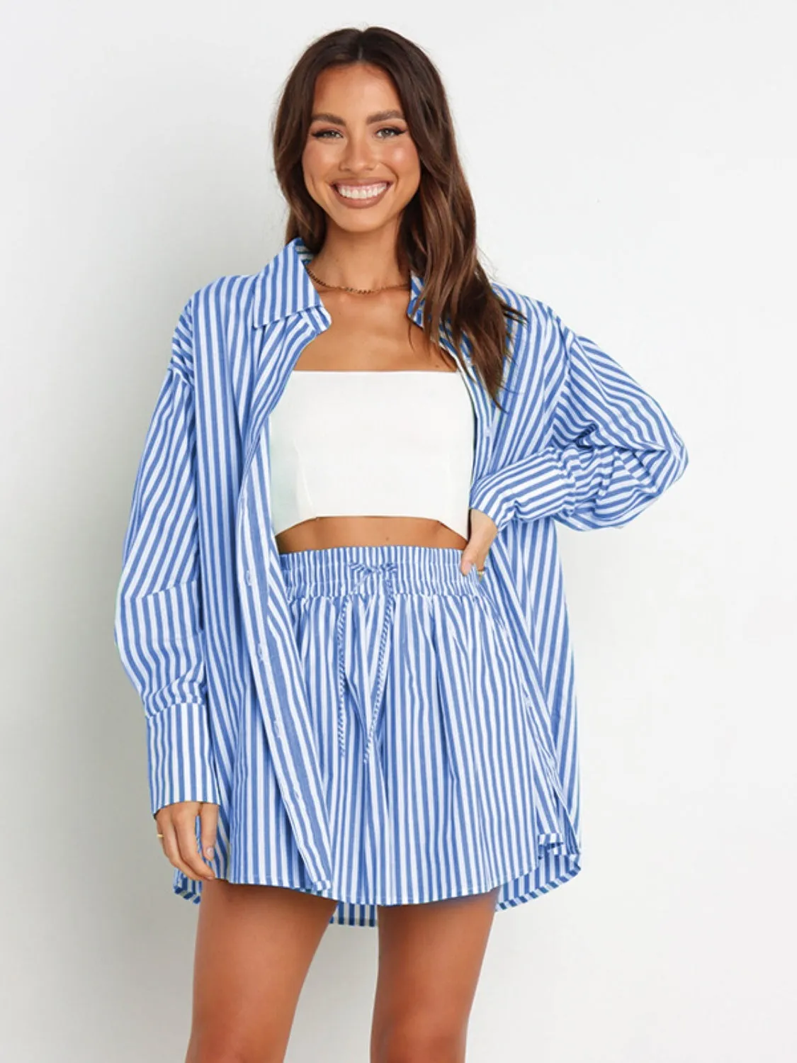 Larson Striped Dropped Shoulder Shirt and Shorts Set