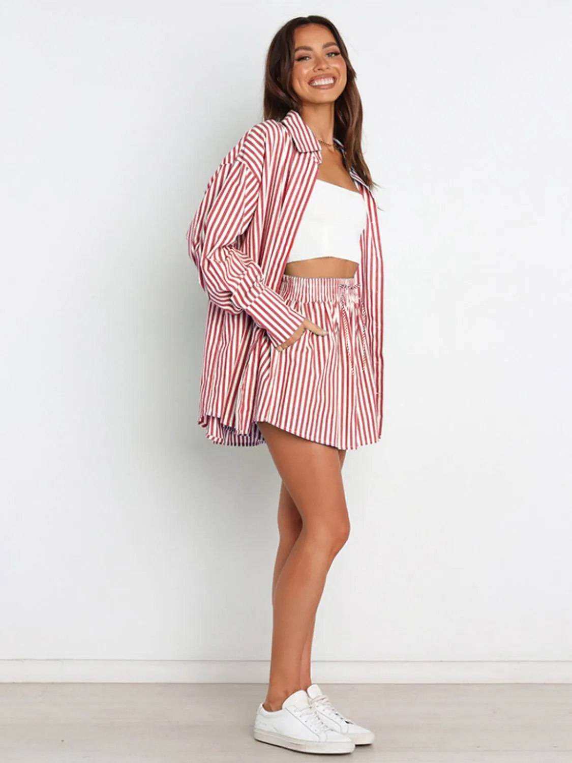 Larson Striped Dropped Shoulder Shirt and Shorts Set
