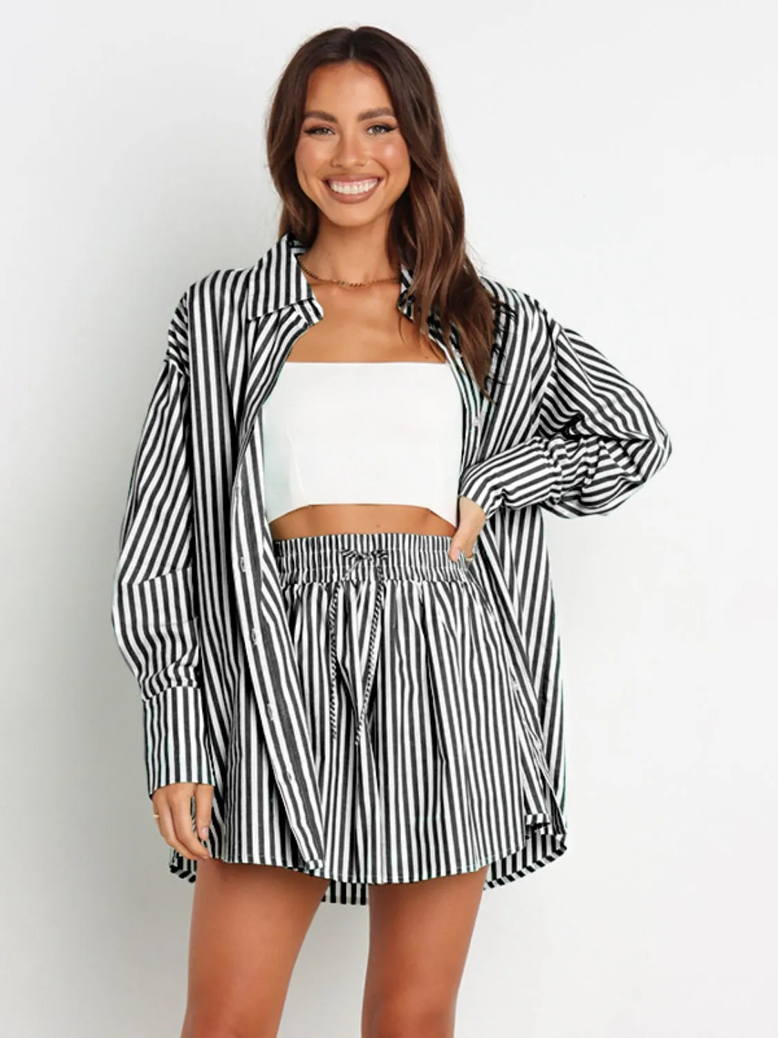 Larson Striped Dropped Shoulder Shirt and Shorts Set
