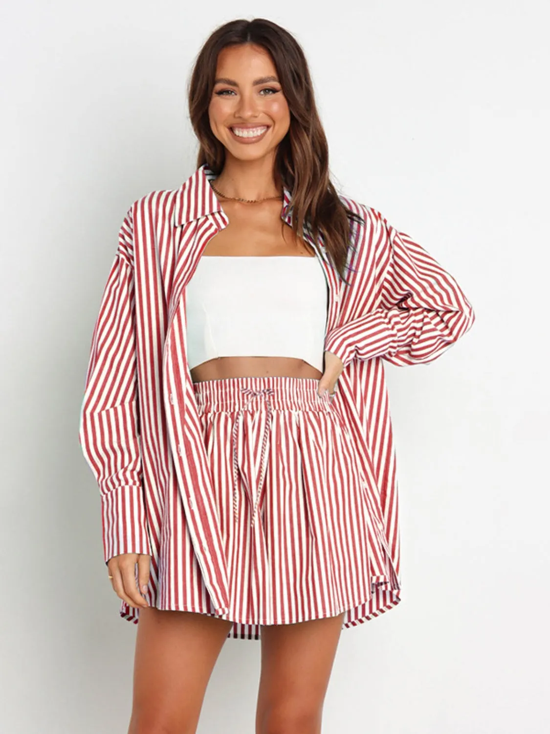 Larson Striped Dropped Shoulder Shirt and Shorts Set