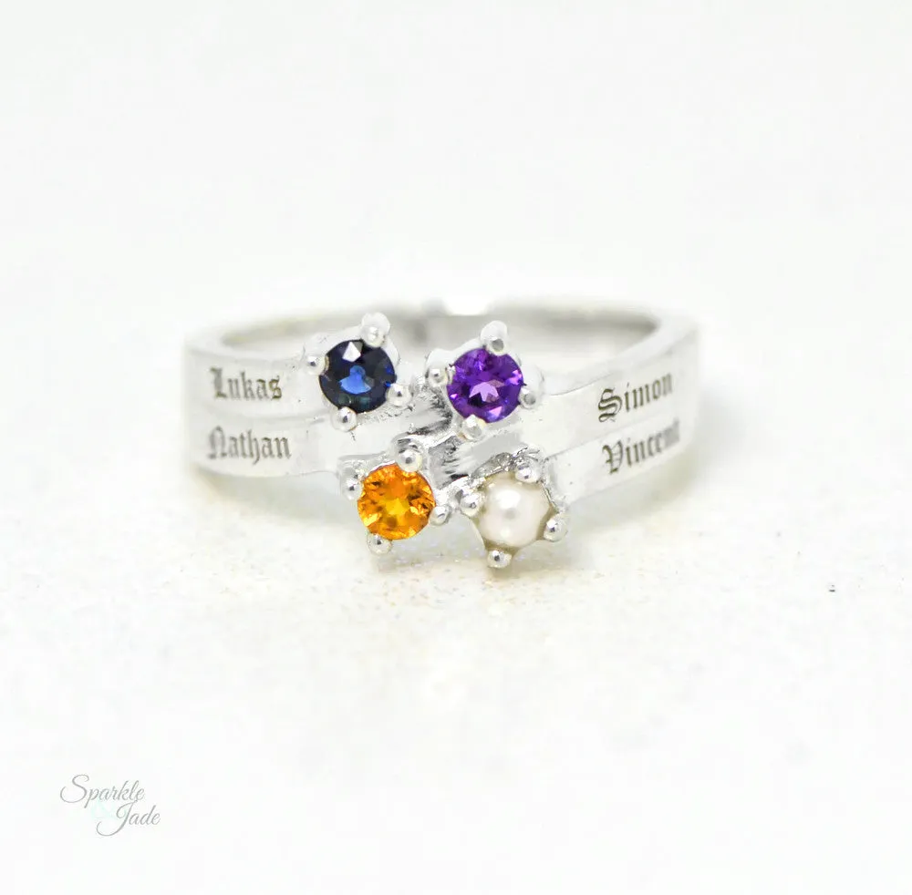 Layered Engraved Name Mother's Family Birthstone Ring