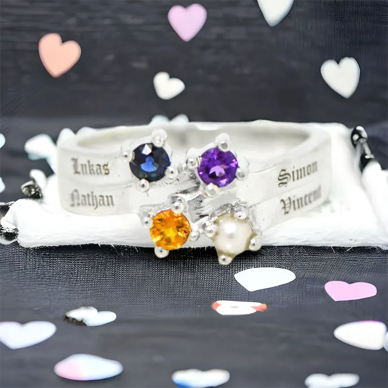 Layered Engraved Name Mother's Family Birthstone Ring
