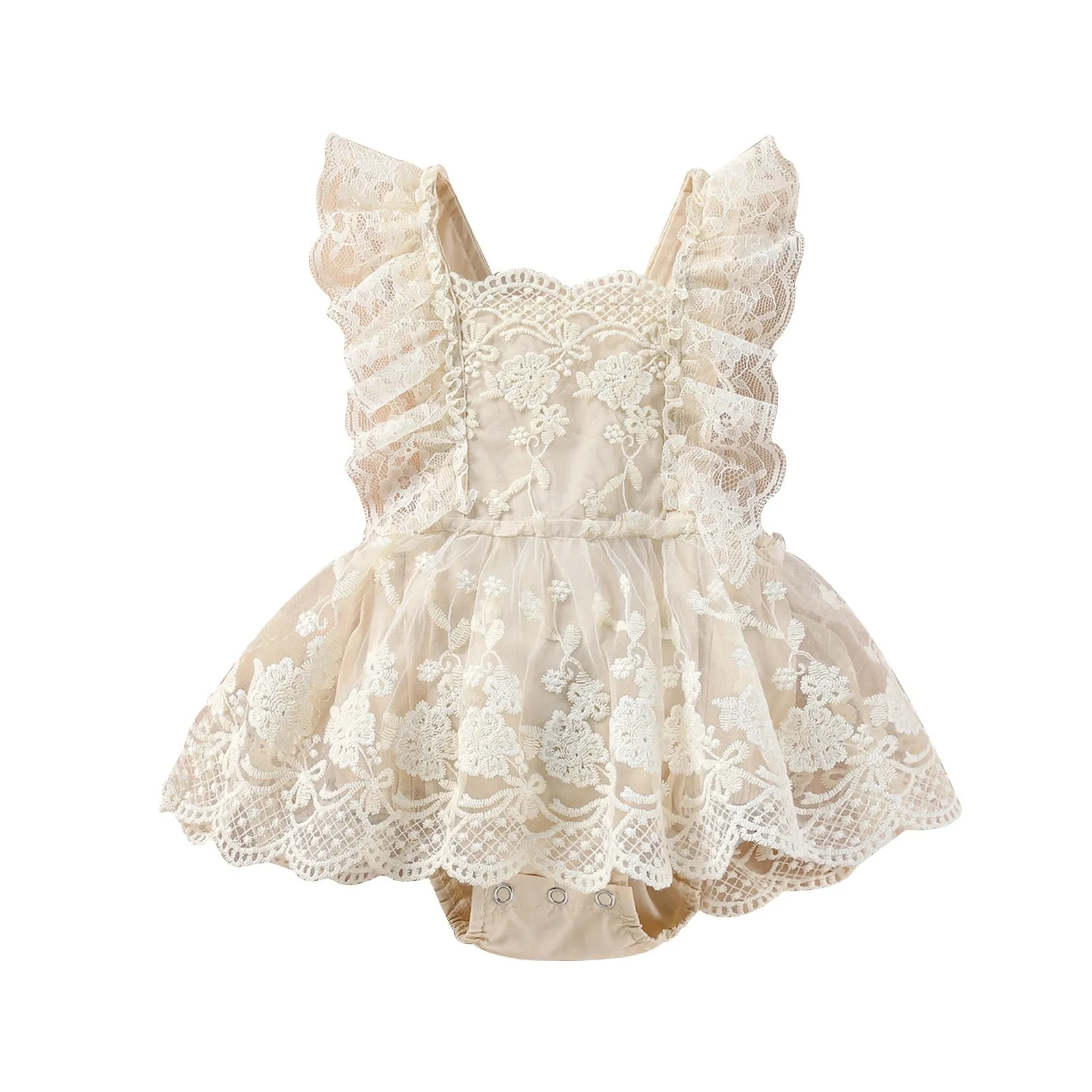 Layered Jumpsuit with Adjustable Shoulder Straps and Lace Floral Embroidered Skirt