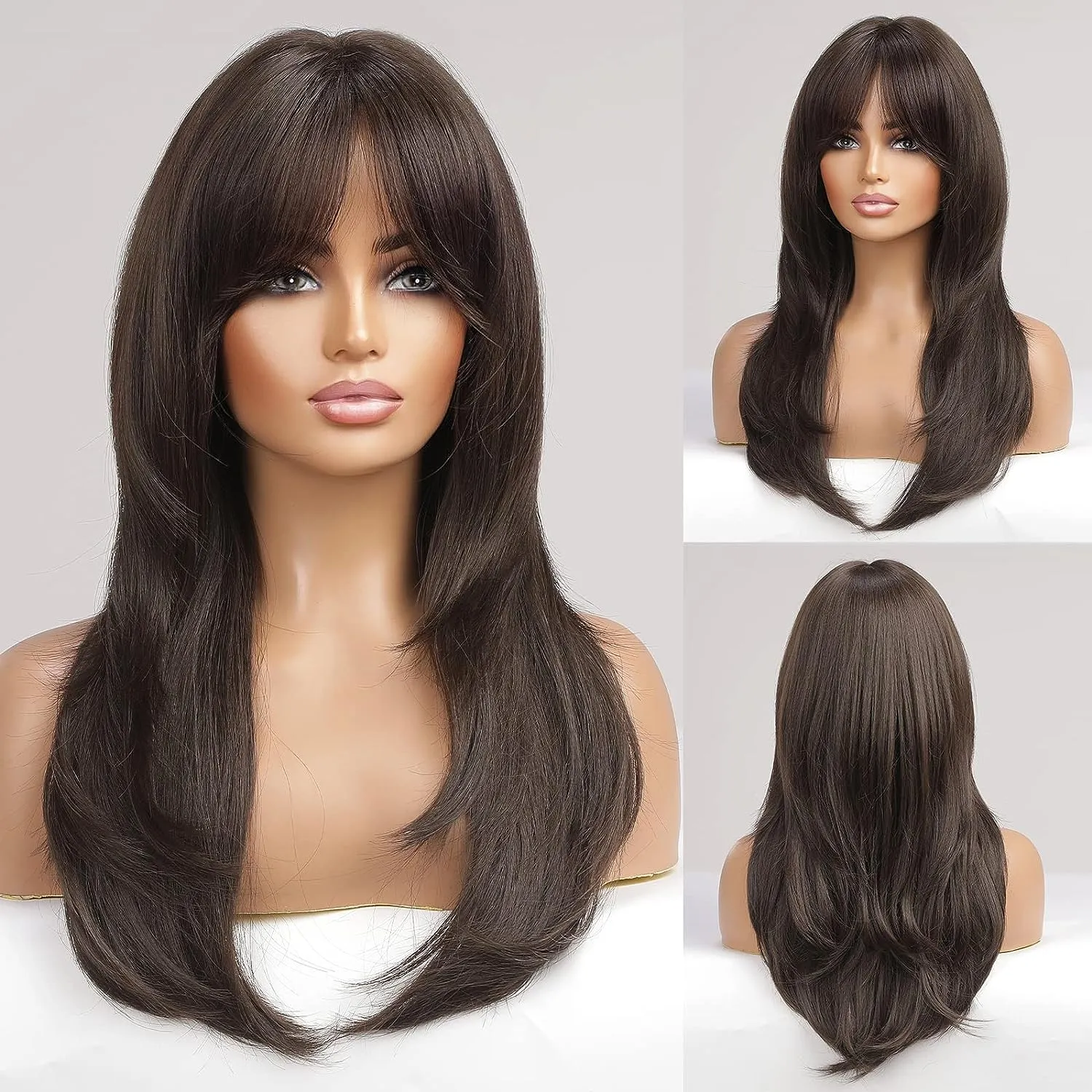 Long Ombre Brown Wigs With Bangs