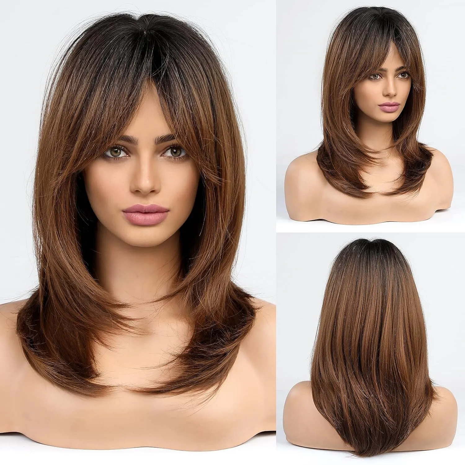 Long Ombre Brown Wigs With Bangs
