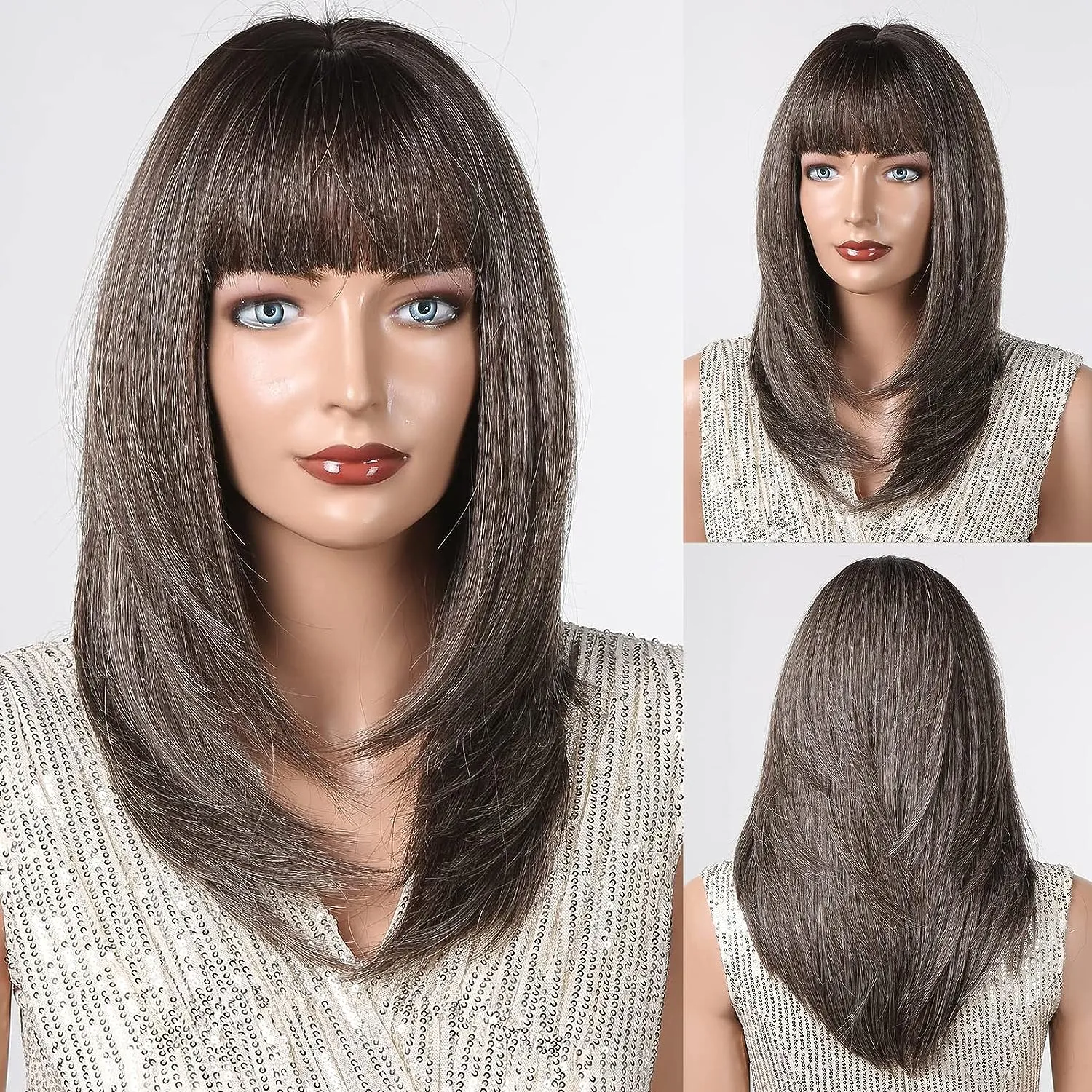 Long Ombre Brown Wigs With Bangs