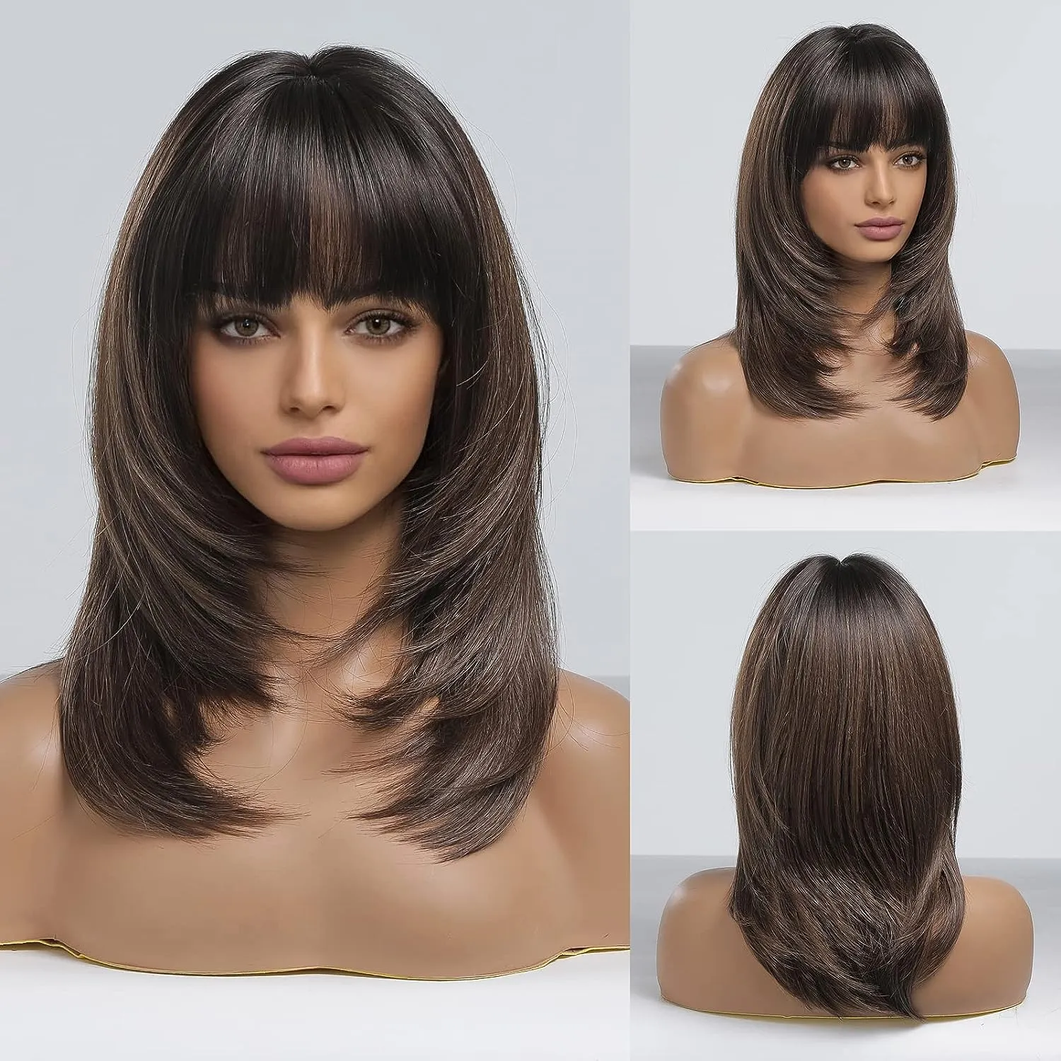 Long Ombre Brown Wigs With Bangs